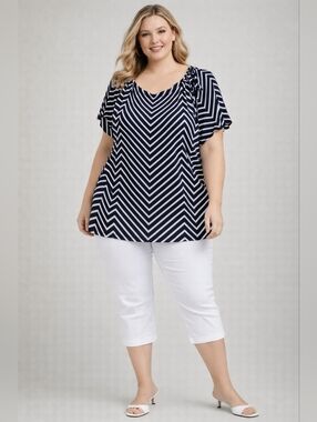 Navy White Chevron Stripe Top 2X  Feminine Blouse Tie Neck Plus Size